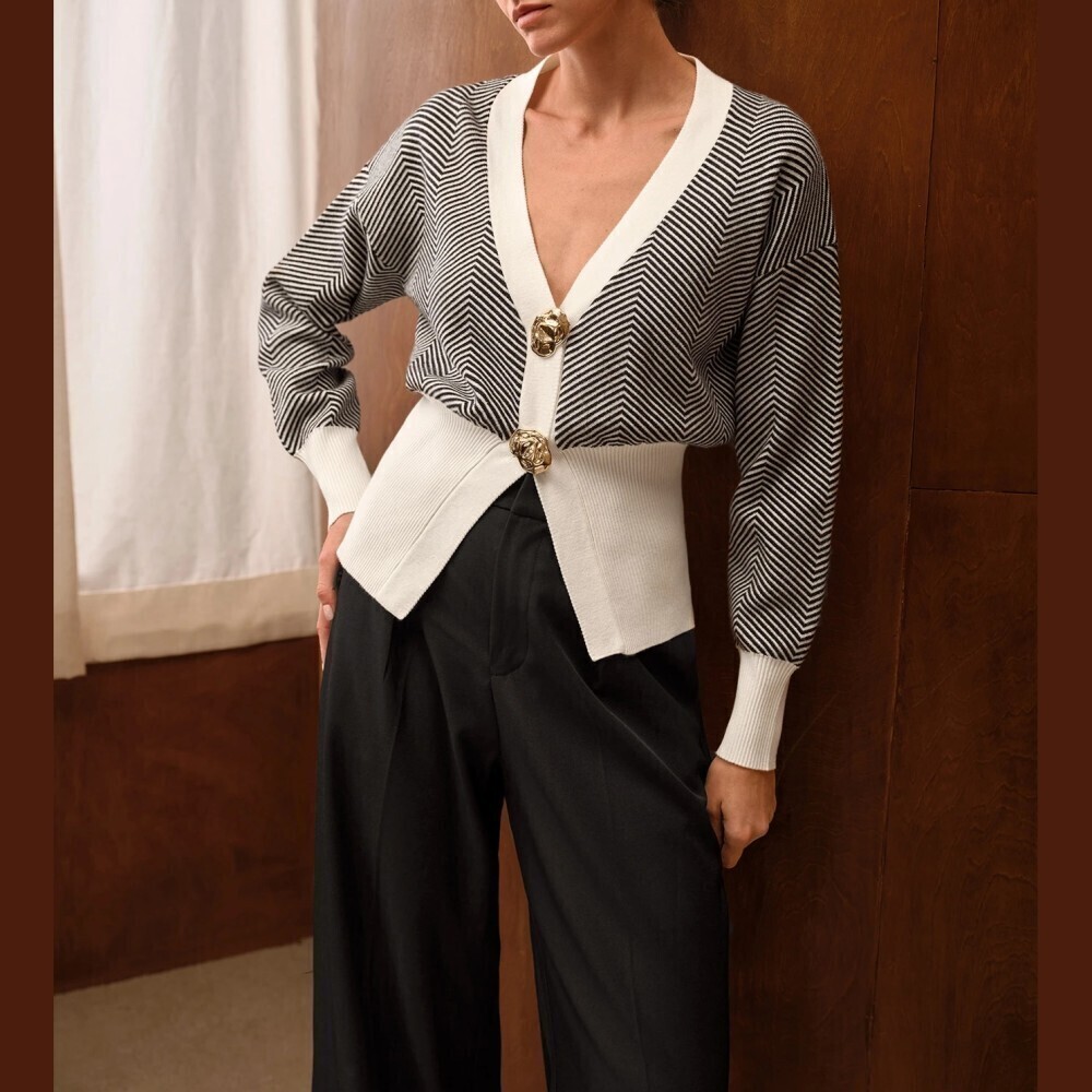 Ivory Black Herringbone Chevron Knit Contrast Trim V Neck Cardigan